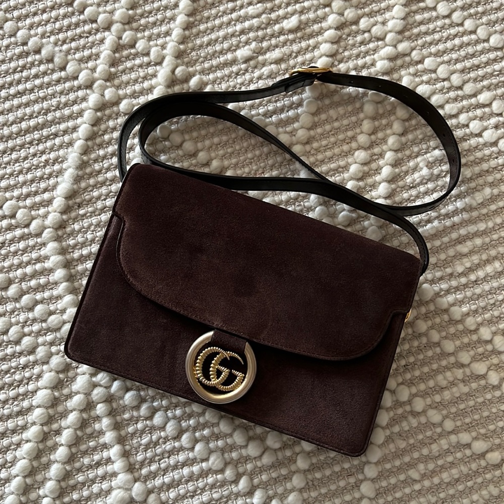 GUCCI Suede Medium GG Ring Shoulder Bag Brown